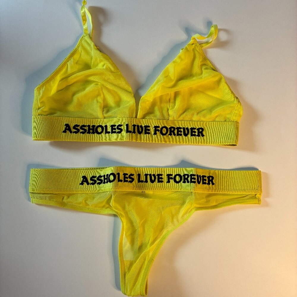 Assholes Live Forever Yellow Mesh Triangle Bralette and Thong